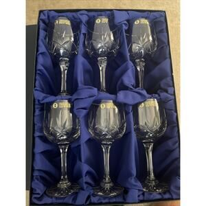 Set of 6 Vtg Zawiercie Crystal Monika "5" Pinwheel Water/Wine Glasses Goblets 7"